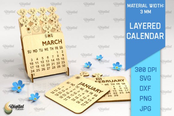 3D Layered Calendar Dog SVG for Stands