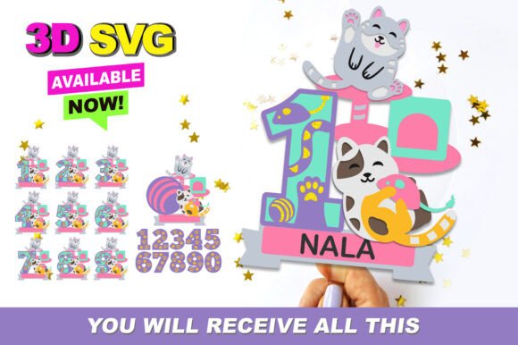 Cute Cats Numbers Topper 3D SVG for Shapes