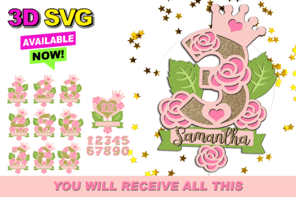 Roses Numbers Topper 3D SVG: Graphics & Crafts
